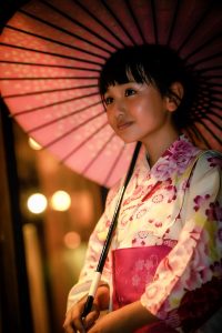 Yune wearing yukata and holding a parasol